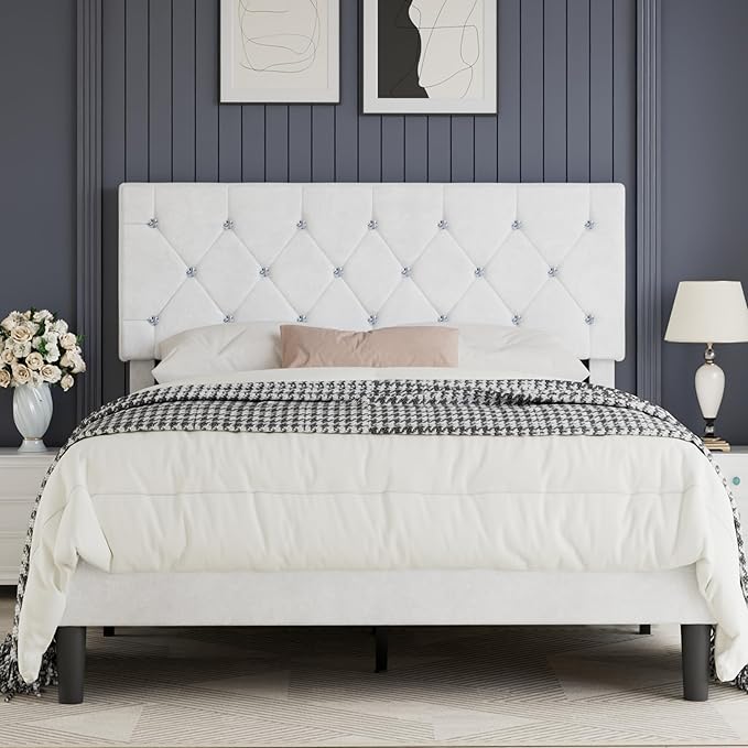 VECELO Full Size Bed Frame with Diamond Tufted Headboard, Upholstered Platform Bedframe with Wood Slat Support, No Box Spring Needed, Velvet & White