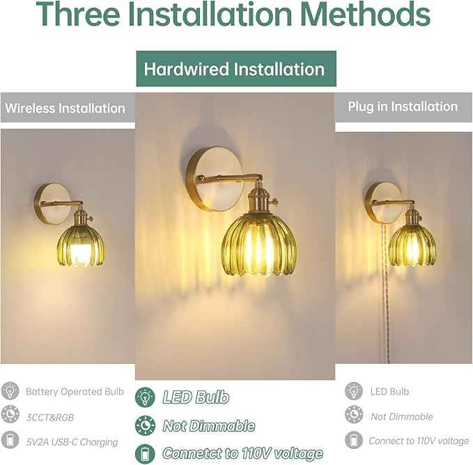 Vintage Wall Sconces Set of 2 with Green Tulip Glass Lampshade 180 Degree Adjustable Brass Sconces Hradwired Modern Wall Lighting Fixture with Switch for Bedside Bedroom Doorway