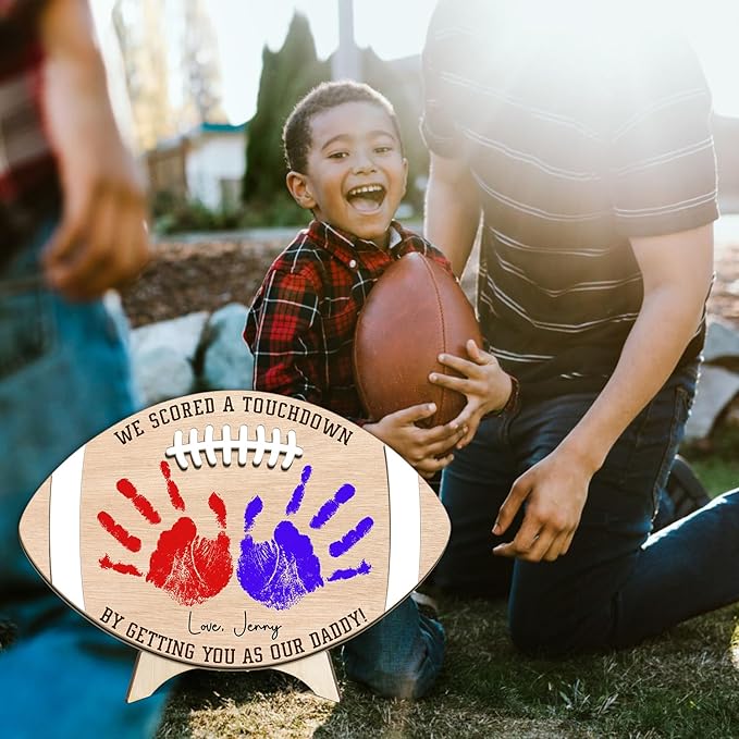 Custom Football Dad Gifts from Baby Handprint Sign, Baby First Fathers Day Wooden Keepsake for Football Daddy, DIY Hands Down Gift for Football Lovers Dad from Kids Art Craft Plaque, Birthday Dad Gift