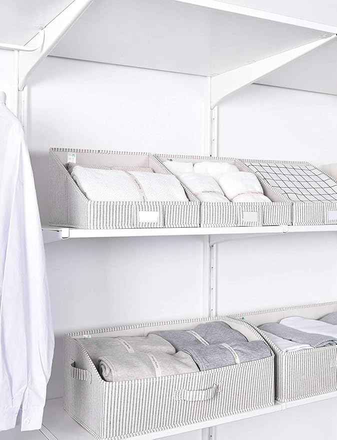 StorageWorks Closet Storage Bins, Trapezoid Organizer Box for Shelves, Fabric Clothes Bin, Foldable Organizing Baskets with Handles, Large, Khaki and Beige Stripes, 3-Pack