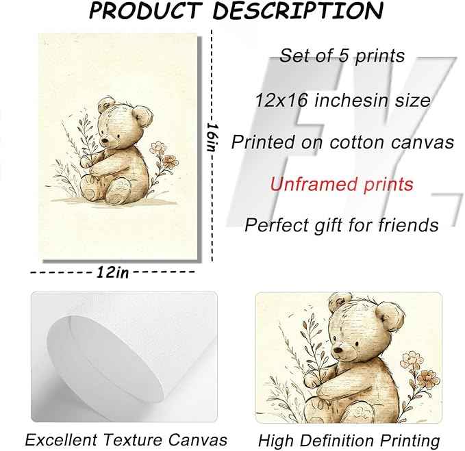 Vintage Nursery Wall Art Cute Animals Canvas Posters Prints Bear Rabbit Elephant Painting Artwork Retro Farmhouse Children's Playroom Educational enlightenment Wall Decor 12x16 Inch Unframed Set Of 5