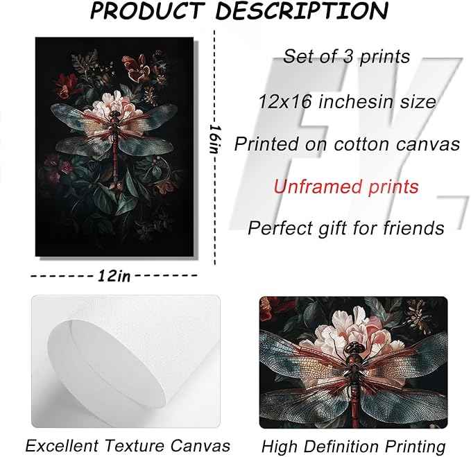 Dark Botanical Insect Canvas Wall Art Gothic Insect And Botanical Posters Prints Dark Academia Moody Floral Cottagecore Art Painting Vintage Dragonfly Beetle Moth Pictures Wall Decor Unframed