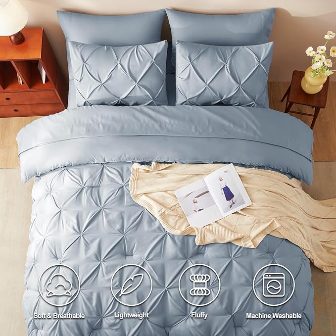 CozyLux Twin Comforter Set with Sheets Grayish Blue, 5 Pieces Pintuck Bed in A Bag, Twin Bed Set Gift for Family, Pinch Pleat Bedding Set with Comforter, Sheets, Pillowcase & Sham