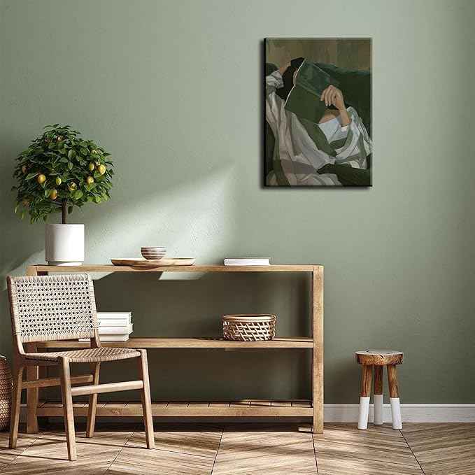 Emerald Green Reading Woman Canvas Wall Art Abstract Cozy People Wall Decor Pictures Minimalist Green Feminine Aesthetic Poster Print for Bedroom Living Room Home Decoration 12x16in