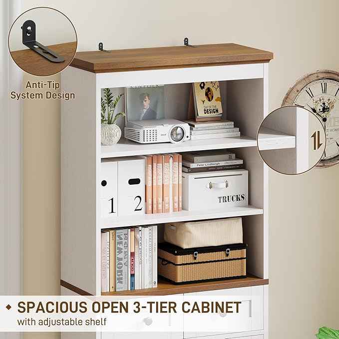 Vabches 70" Tall Bathroom Storage Cabinet, Farmhouse Bathroom Cabinet with 3 Drawers, Adjustable Shelves & Doors, 3 Tier Wood Cabinets for Bathroom, Living Room, Rustic White