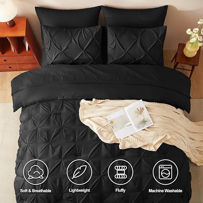 CozyLux California King Comforter Set Black - 7 Pieces Cal King Pintuck Bed in A Bag Gift for Family, Pinch Pleat Bedding Sets with All Season Comforter, Sheets, Pillowcases & Shams