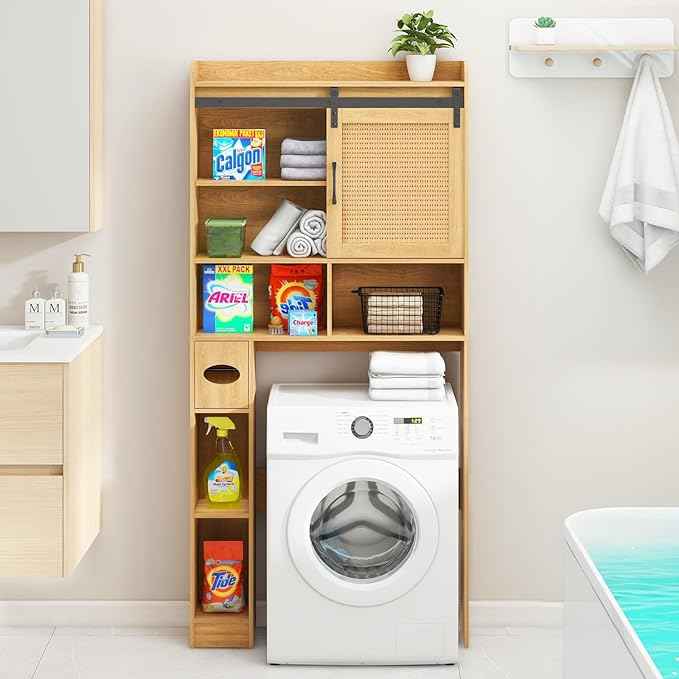 Over The Toilet Storage Cabinet, Farmhouse Rattan Storage Cabinet Over Toilet with Sliding Doors & Toilet Paper Holder Stand, Home Space-Saving Toilet Rack, for Bathroom, Laundry(Rattan Oak).