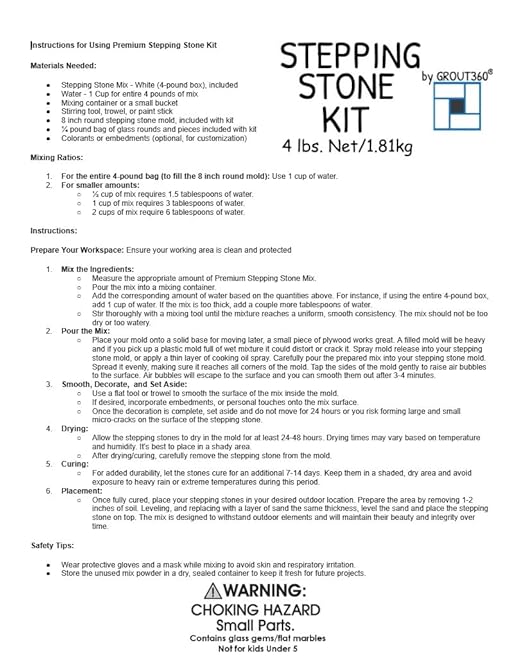 Stepping Stone Kit - Makes a Personalized 8-Inch Stepping Stone, 4 lbs. White Concrete Mixture, Assorted Glass Gems, and 8 inch Mold
