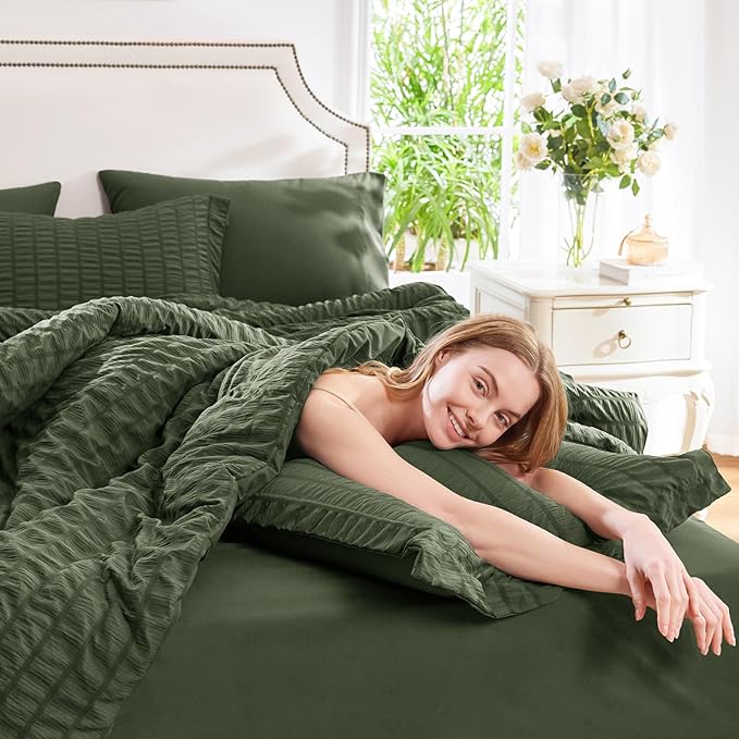 CozyLux Full Size Comforter Sets with Sheets Seersucker 7 Pieces Olive Green Bed in a Bag Textured Luxury Soft Bedding Set with Down Alternative Comforter, Sheets, Pillowcases & Shams for All Seasons