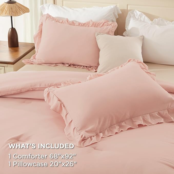 Andency Twin XL Ruffle Comforter Set, 2 Pieces Shabby Chic Farmhouse Bedding Set, Lightweight Soft Comforter Set 68×92In for Girls Women (1 Comforter 1 Pillowcase), Blush