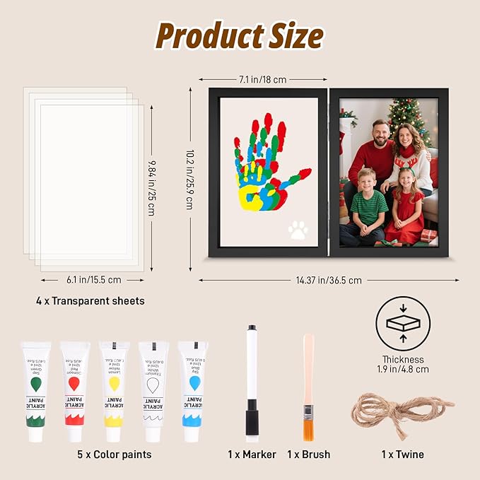 Family Handprint Kit with Light, 5 Non-Toxic Paints, Hand Prints Ornament Keepsake Frame for 4, DIY Craft Gift for New Parents & Mom & Baby, Grandparents, Mother's Day, Father's Day
