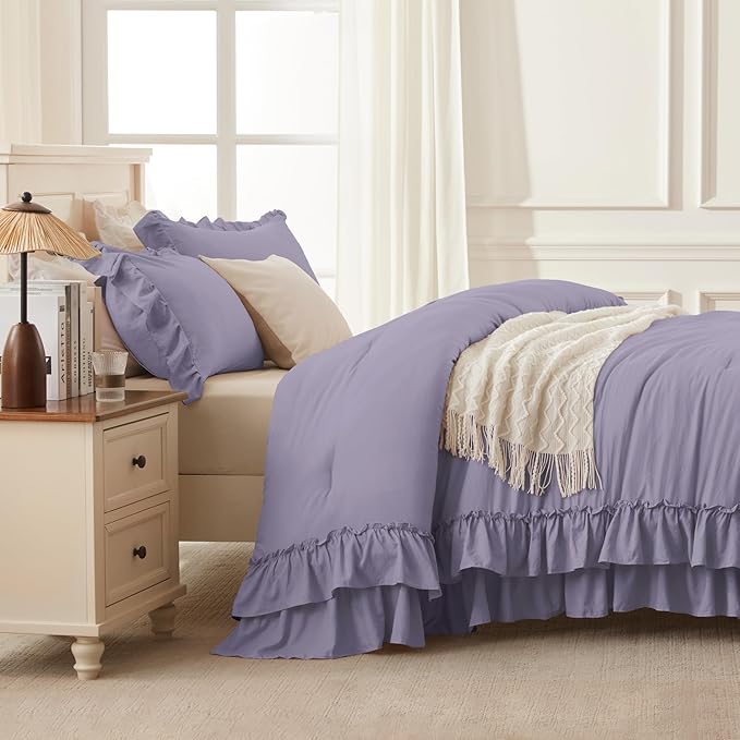 Andency Grayish Purple Comforter Set Queen Size, Lightweight Fluffy Farmhouse Ruffle Bedding Set, Soft Microfiber All Season Shabby Chic Bed Comforter Set 3 Pieces(1 Comforter 2 Pillowcases)