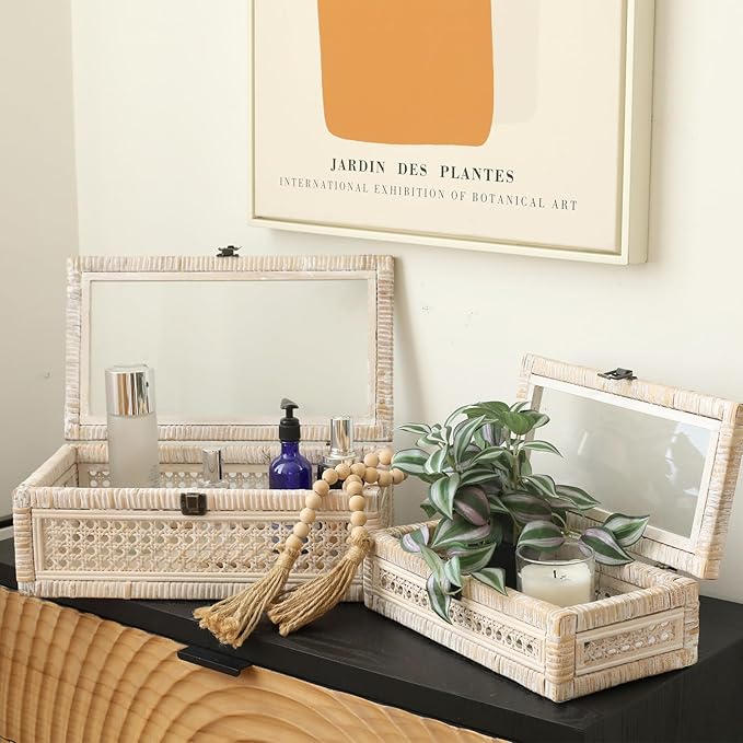 Rattan and Cane Stacking Boxes with Glass Top Lid - Set of 2 11.8" and 14.1", for Boho and Rustic Farmhouse Decor, White Wash