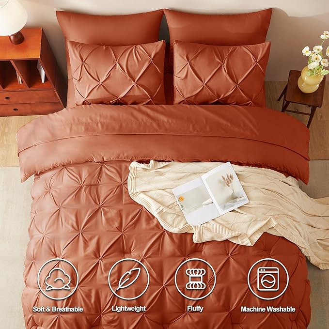 CozyLux Queen Comforter Set Burnt Orange, 7 Pieces Pintuck Bed in A Bag Premium Terracotta Comforter Queen Size, Pinch Pleat Bedding Sets with Comforter, Sheets, Pillowcases & Shams