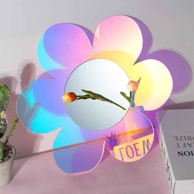 Irregular Wall Mirror Wavy Acrylic Rainbow Mirror Room Decor Aesthetic Mirrors Amorphic Vanity Retro Mirrors for Bedroom Living Room Bathroom Entryway Wall Decor ( Flower Style,12.6 x 11.6 Inches )