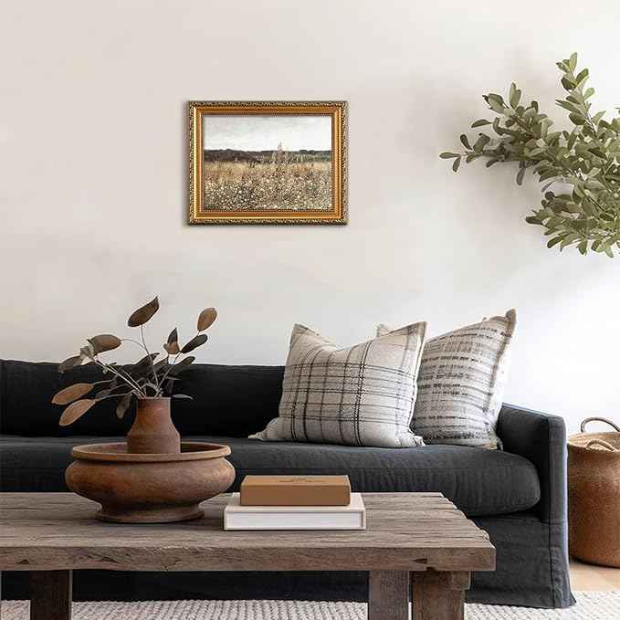 uniro Vintage Gold Framed Wall Art for Home Decor, Farmhouse Wall Decor Wildflower Field Landscape Canvas Artwork, Antique Landscape Oil Painting for Bedroom Wall Decor, Rustic Country Aesthetic Picture for Bathroom, Living Room, Desktop Decor - 12x16Inch