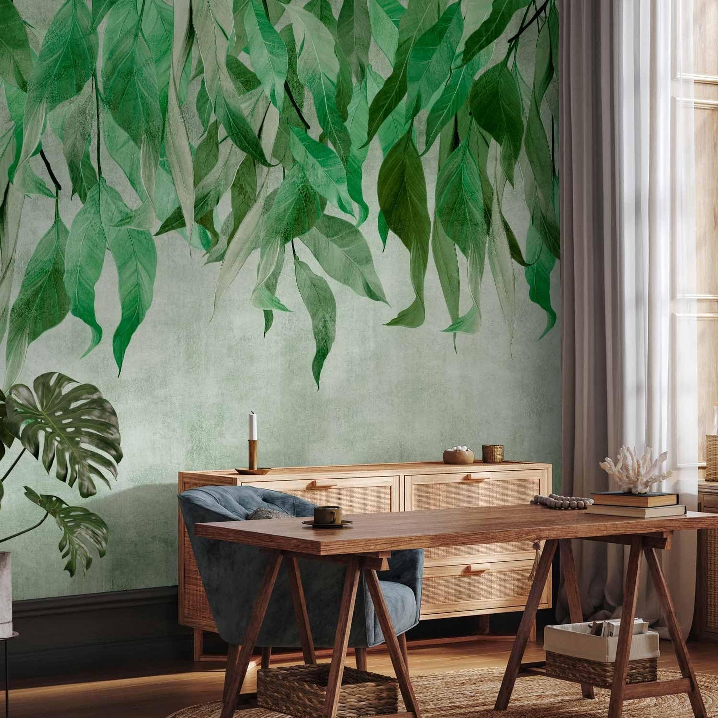 artgeist Wall Mural Hanging Leaves 138x101 in - Non-Woven Wallpaper Fleece Wall Decor Photo Print Picture Image Design Nature Botanical Concrete Green Like Painted b-C-10146-a-a