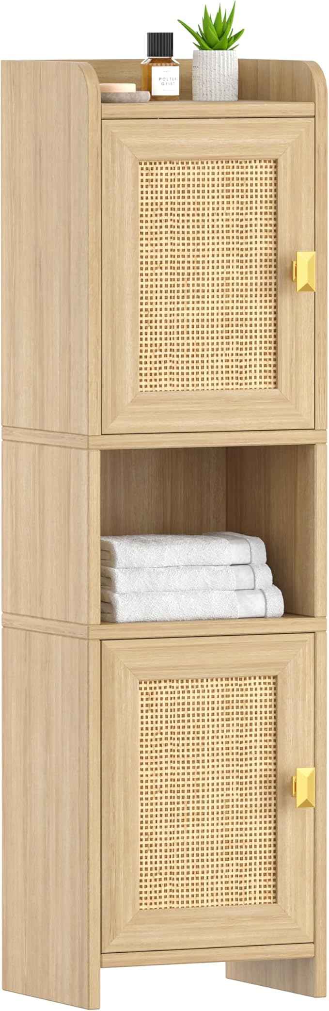 Rattan Small Bathroom Cabinet with 2 Doors, 7.9''D x 9.8''W x 34.8" H Narrow Floor Cabinet with Adjustable Shelf, Bathroom Organizer for Small Spaces, Wooden Corner Unit, Natural Oak