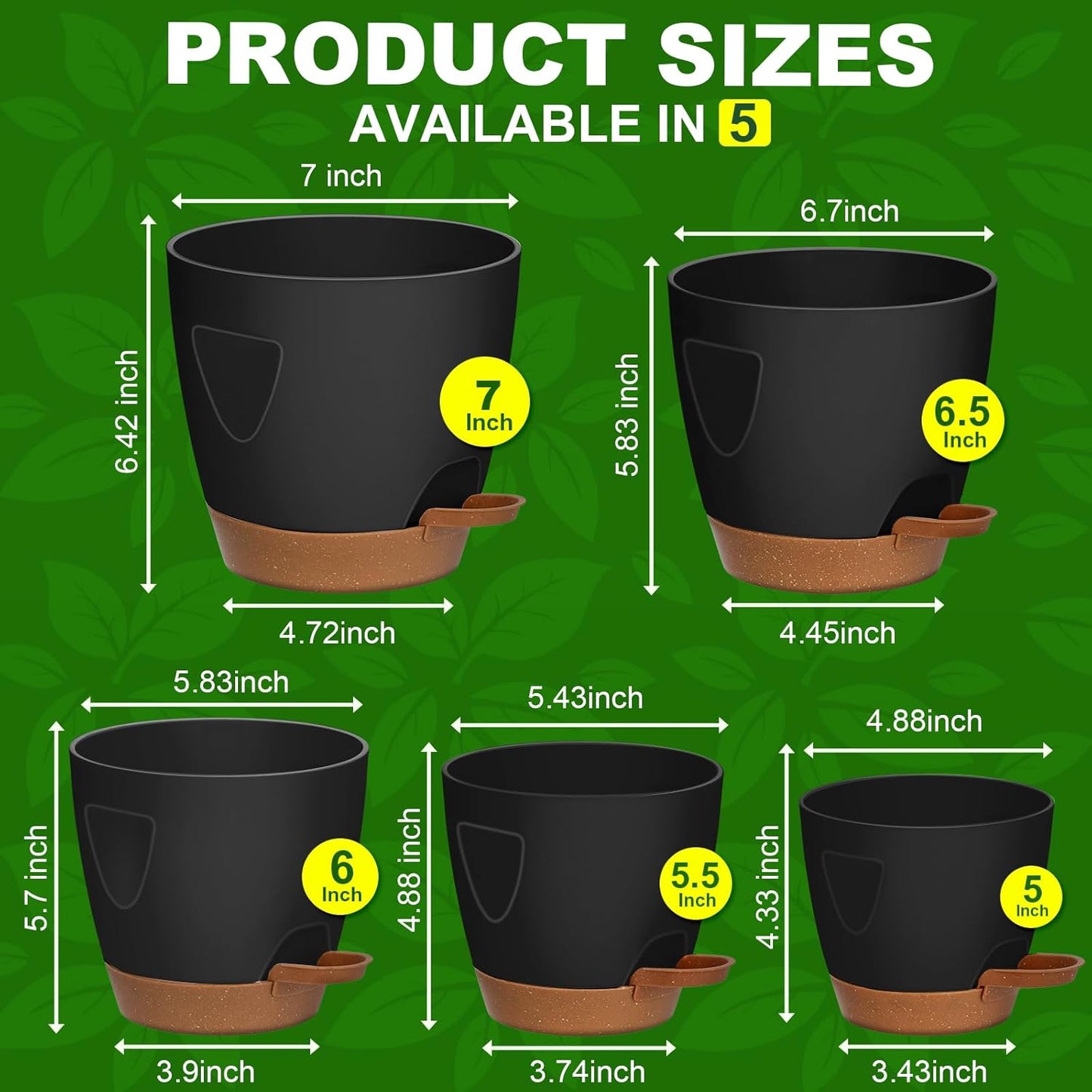 - Uneed Plastic Flower Pot,5-Pack Plant Pots with Drainage 7/6.5/6/5.5/5 Inch,Self Watering Pots for Indoor Plants,Planters for Indoor Outdoor Plants (Black)