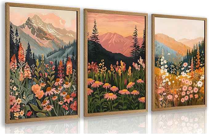 Cyebmo Wood Framed Mountain Wildflower Wall Art Set of 3, Sunset Mountain Nature Wall Decor, Colorful Floral Landscape Canvas Prints, Rustic Botanical Artwork for Bedroom Living Room Office 12x16 Inch