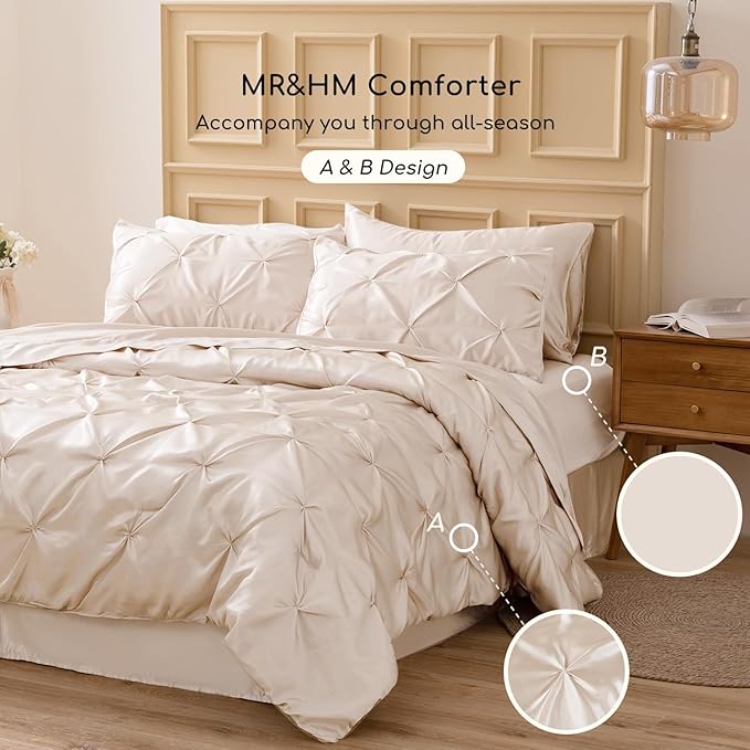 MR&HM Satin Comforter Twin 5 Pieces - Luxurious Pinch Pleat Bedding Set with Comforter, Flat Sheet, Fitted Sheet, Pillowcase & Sham, Super Silky Soft Bed Set for All Season (Twin, Beige)