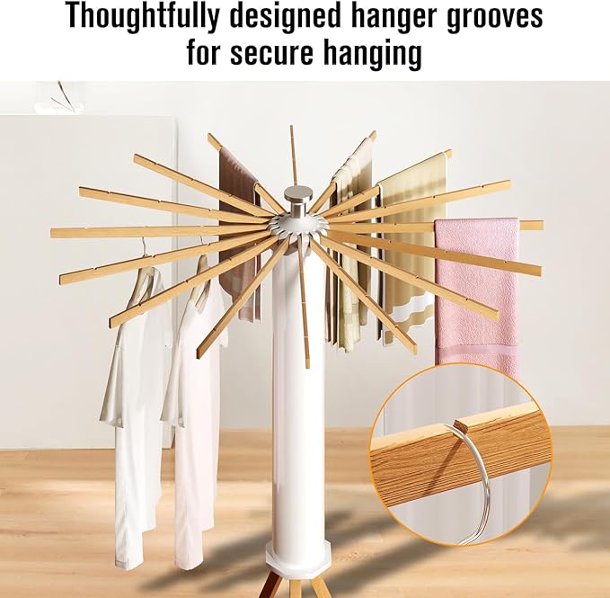 Tripod Clothes Drying Rack, Garment Rack Portable -16 Rotatable Arms for Hanger, Foldable Space Saving Laundry Drying Rack for Indoor Outdoor Apartment Balcony Bedroom Household, Wood