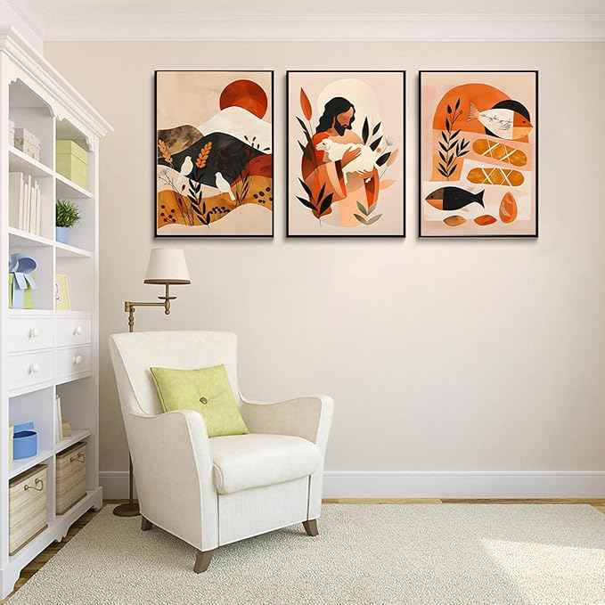3Pcs Jesus Canvas Wall Art Boho Retro Art Home Posters Prints Jesus Feeds The 5000 Christian Abstract Pictures Wall Decor for Living Room Bedroom Church Decoration Unframed