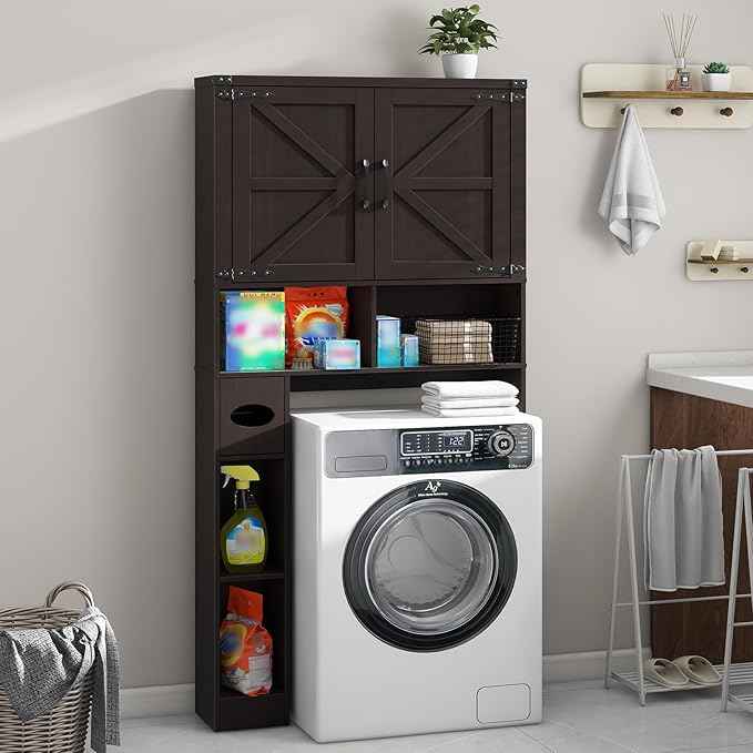 Vabches Over The Toilet Storage Cabinet, Farmhouse Storage Cabinet Over Toilet with 2 Barn Doors & Toilet Paper Holder Stand，Home Space-Saving Toilet Rack, for Laundry, Restroom, Bathroom.Walnut