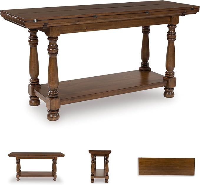 Signature Design by Ashley Sturlayne Transitional Expandable Flip Top Sofa Table with Lower Shelf and Turned Leg, Dark Brown