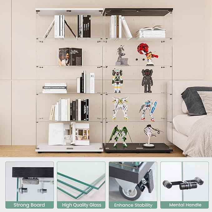 Beauty4U Glass Display Cabinet with 5 Shelves Double Door, Curio Cabinets for Living Room, Bedroom, Office, Black Floor Standing Glass Bookshelf, Quick Installation