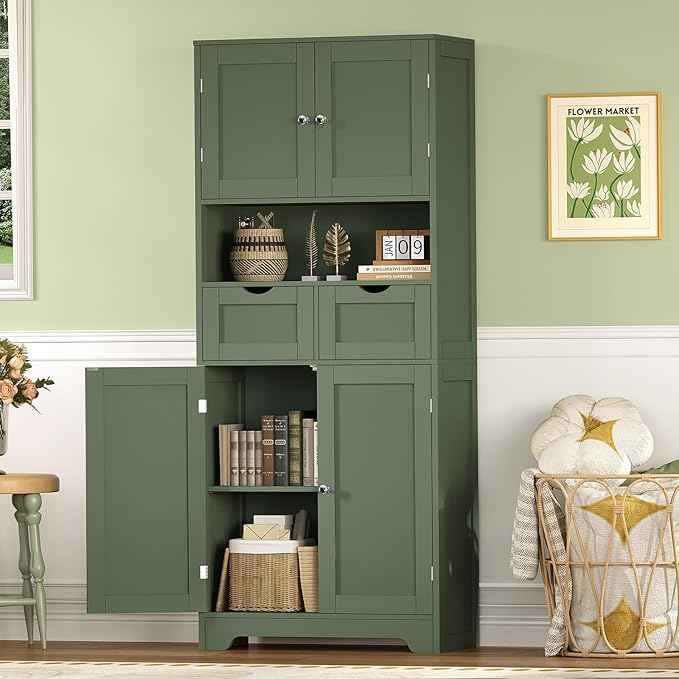 Iwell 58" H Tall Bathroom Storage Cabinet with 2 Drawers & 2 Adjustable Shelves, Bathroom Cabinet with 4 Doors, Tall Cabinet for Living Room, Dining Room, Entryway, Forest Green