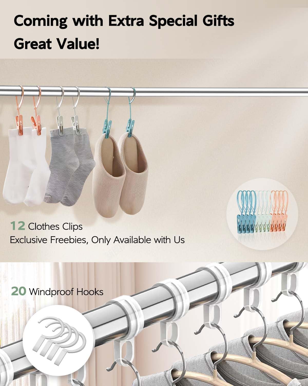 Clothes Drying Rack 95 Inches Folding Outdoor Indoor, Drying Rack Clothing Collapsible, Foldable Laundry Drying Rack, Heavy Duty Stainless Steel Clothesline, 20 Hooks 12 Clips