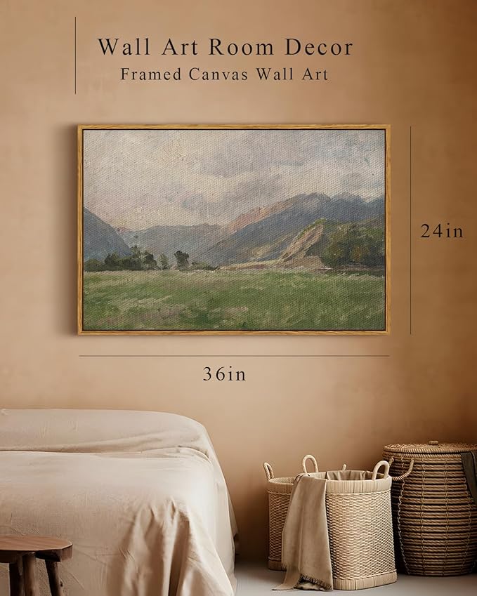 InSimSea Framed Canvas Wall Art Vintage Decor, Prairie Mountain Landscape Paintings, Large Prints, Farmhouse Decor, Natural Scenery Hanging Wall Decorations for Living Room Bedroom, 24"x36"