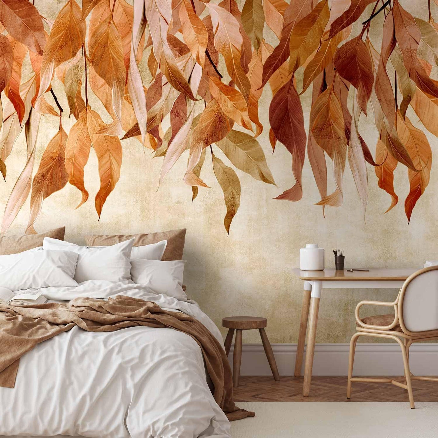 artgeist Wall Mural Hanging Leaves 154x110 in - Peel and Stick Self-Adhesive Wallpaper Removable Large Sticker Foil Wall Decor Print Picture Design Nature Botanical Concrete Orange b-C-10146-a-c