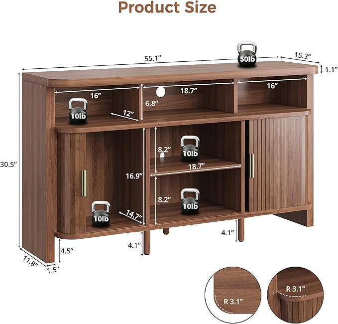 IRONCK 55" Sideboard Buffet Cabinet with Storage, Fluted Credenza with Sliding Door & Open Shelf, Mid Century Modern Accent Coffee Bar Console Table for Kitchen, Living Room, Entryway, Walnut