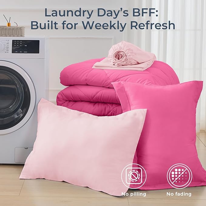 HEVUMYI Hot Pink & Baby Pink Twin-XL Comforter Set - 5-Piece All Season Bed in a Bag Twin-XL, Ultra Soft Bedding Set with Comforter, Flat Sheet, Fitted Sheet, Pillowcases, Pillow Shams