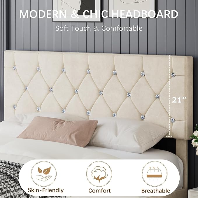 VECELO Queen Size Bed Frame, Upholstered Platform with Adjustable Diamond Tufted Headboard, Wood Slat Support, No Box Spring Needed, Pala Beige
