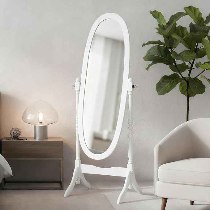 Full Length Mirror with Stand, Vintage Style Wood Floor Cheval Mirror, Traditional Adjustable Free Standing Mirrors Full Length (White)