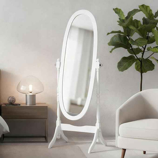 Full Length Mirror with Stand, Vintage Style Wood Floor Cheval Mirror, Traditional Adjustable Free Standing Mirrors Full Length (White)