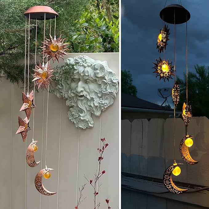 Tryme Solar Wind Chimes for Outside with Sun Moon Star Solar Hanging Lights Windchimes Outdoors Garden Decor Gifts for Mother, Grandma, Sister