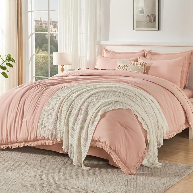 Andency Oversized King Comforter Set Pink 120x98-7 Pieces Boho Tassel Bed in a Bag Soft Lightweight Bedding Sets, Fringe All Season Bed Set with Comforter, Sheets, Pillowcases & Shams
