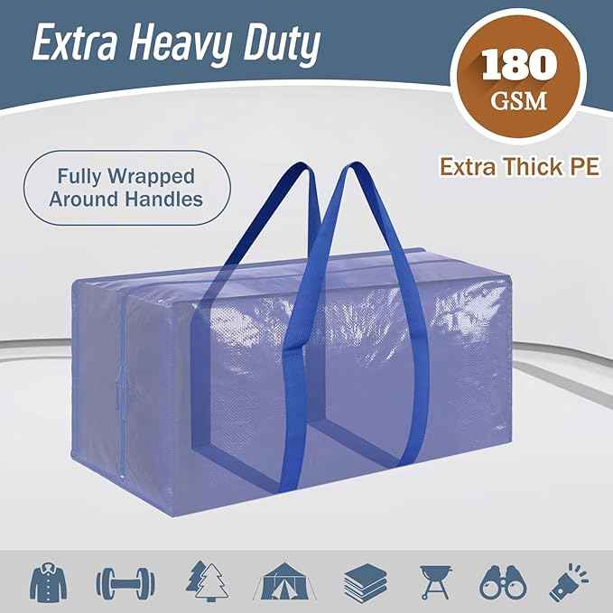 12 Pack Extra Heavy Duty Large Moving Bags with Strong Zipper & Comfortable Handles, Sturdy & Durable Clothes Storage Bags Totes Bins, Packing Moving Boxes for College Supplies, Blue