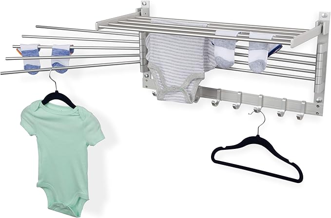 brightmaison BGT Wash Clothes Drying Rack Wall Mount Laundry Room Organizer with Hooks & Swing Arms, 24" Metal Laundry Rack Silver