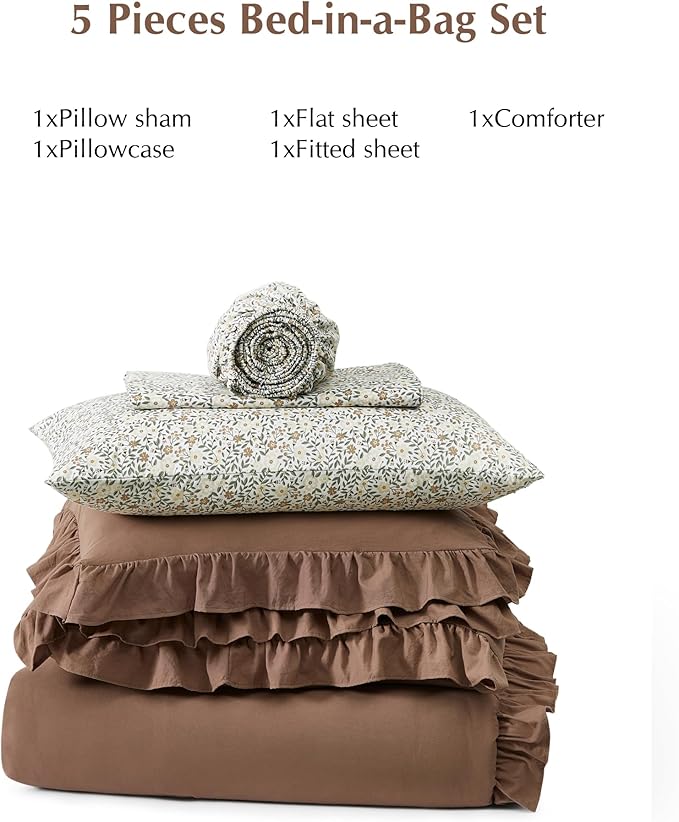 Twin XL Comforter Set - 5 Pieces Ruffle Amber Brown Floral Bedding Sets, Shabby Chic Farmhouse Bed in a Bag with Ruffle Comforter, Floral Sheets, Pillowcase & Sham