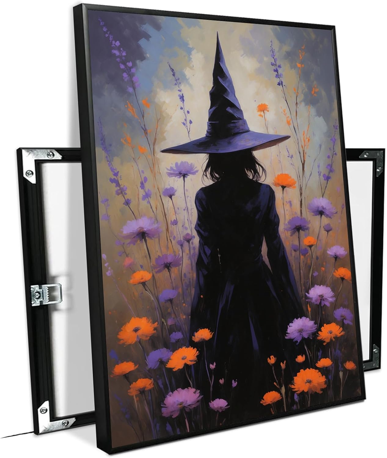 JFHCQJPK Country wildflower witch canvas print halloween mashup art witch purple decoration bohemian elegant art poster16x24in Metal blackFramed