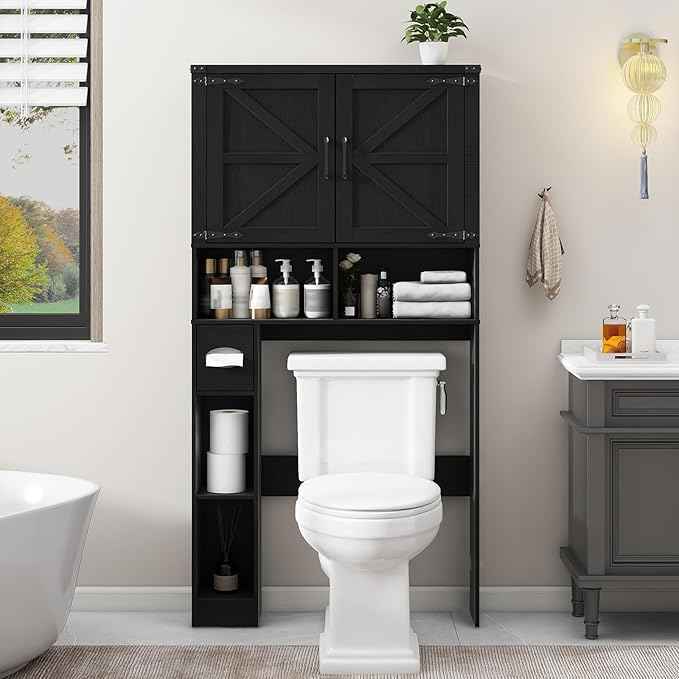 Vabches Over The Toilet Storage Cabinet, Farmhouse Storage Cabinet Over Toilet with 2 Barn Doors && Toilet Paper Holder Stand，Home Space-Saving Toilet Rack, for Laundry, Restroom, Bathroom.Pure Black