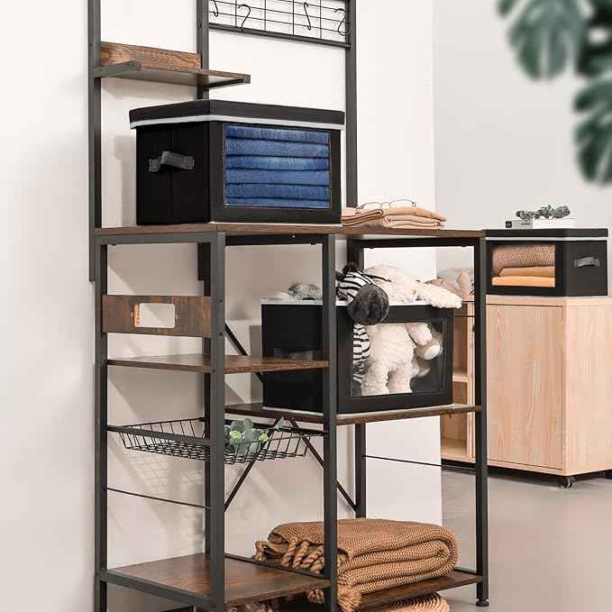 Cube Storage Bins with Lids, Clear Window Storage Baskets for Organizing, Fabric Organizer Bins with Handle, Cloth Storage Bins for Shelves, Closet, Clothes, Towels, 4 Packs, Black