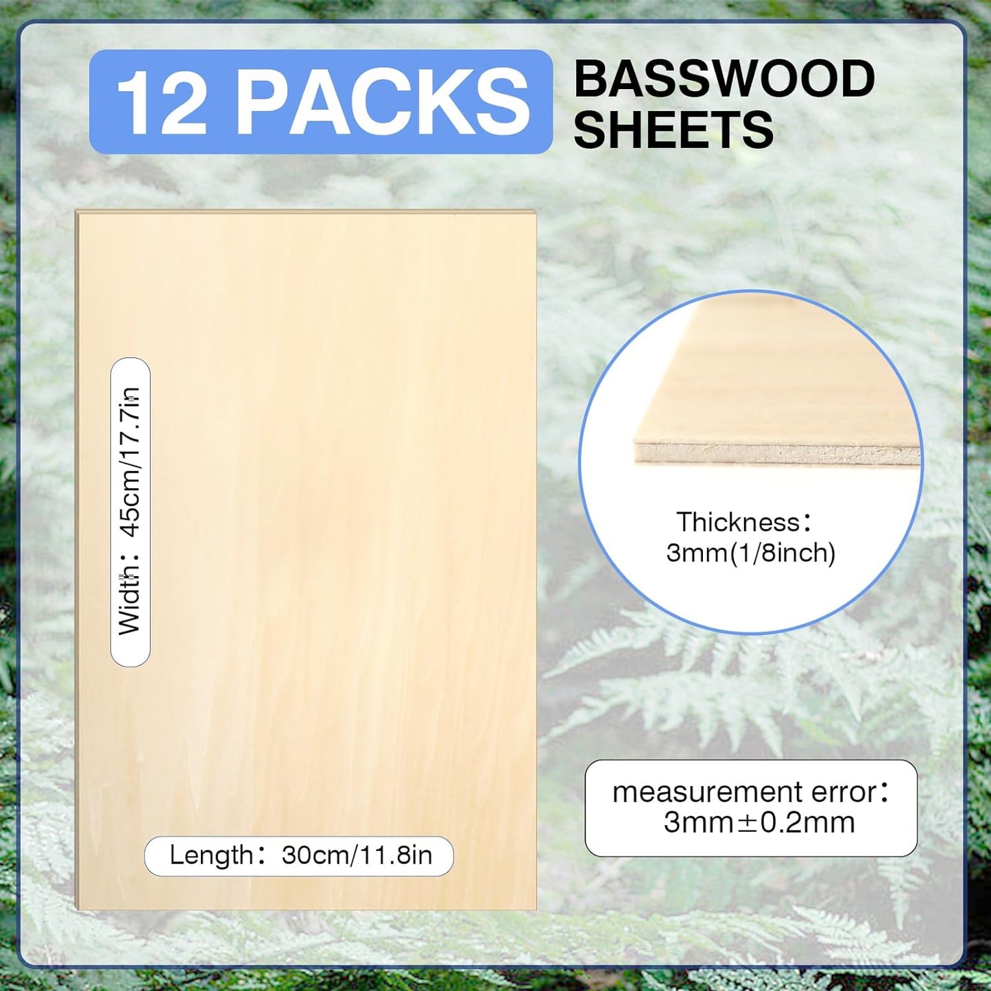 12 Pack Basswood Sheets for Crafts 12x18x1/8 Inch, 3mm Thick Unfinished Plywood for Laser Cutting & Engraving, DIY Ornaments and Architectural Model