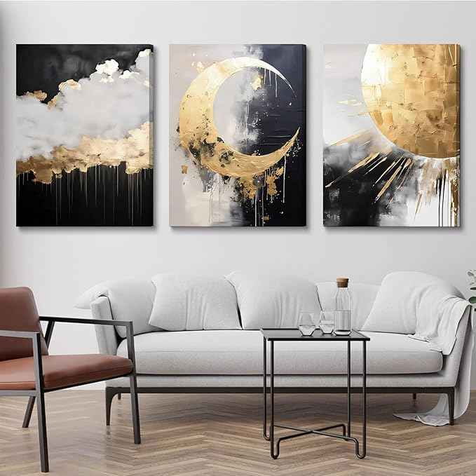 3Pcs Framed Black and Gold Abstract Canvas Wall Art Sun Moon And Cloud Posters Prints Maximalist Pictures Wall Decor For Living Room, Bedroom,bathroom Decoration