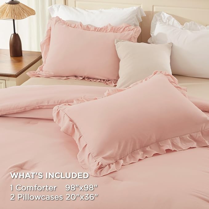 Andency Oversized Queen Ruffle Comforter Set, 3 Pieces Shabby Chic Farmhouse Bedding Set, Lightweight Soft Comforter Set 98x98 for Girls Women (1 Comforter 2 Pillowcases), Blush